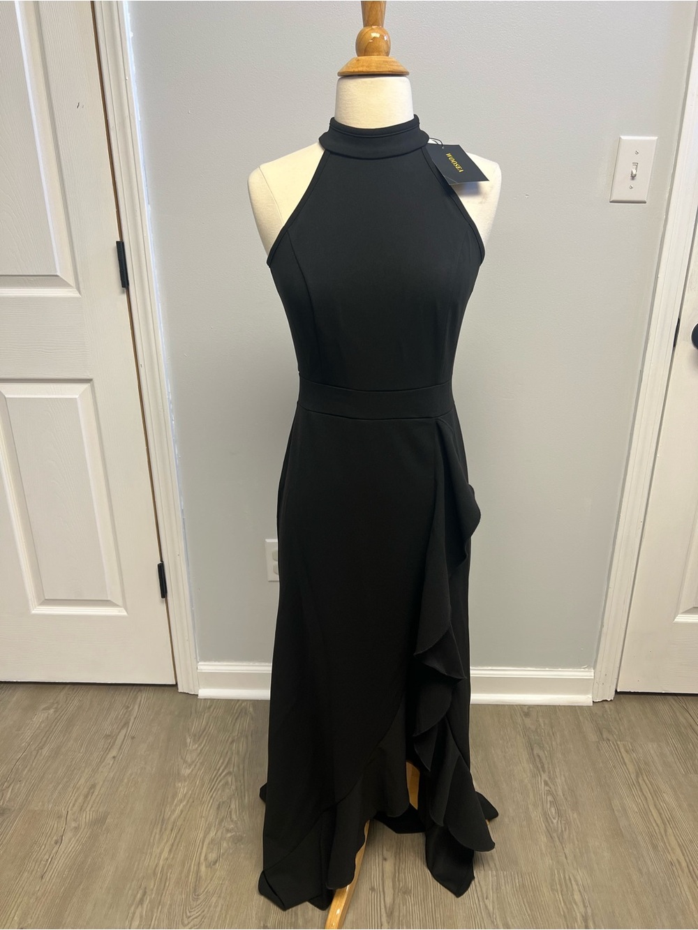 WOOSEA Women's High Neck Split Evening Cocktail Party Formal Dress Black NWT